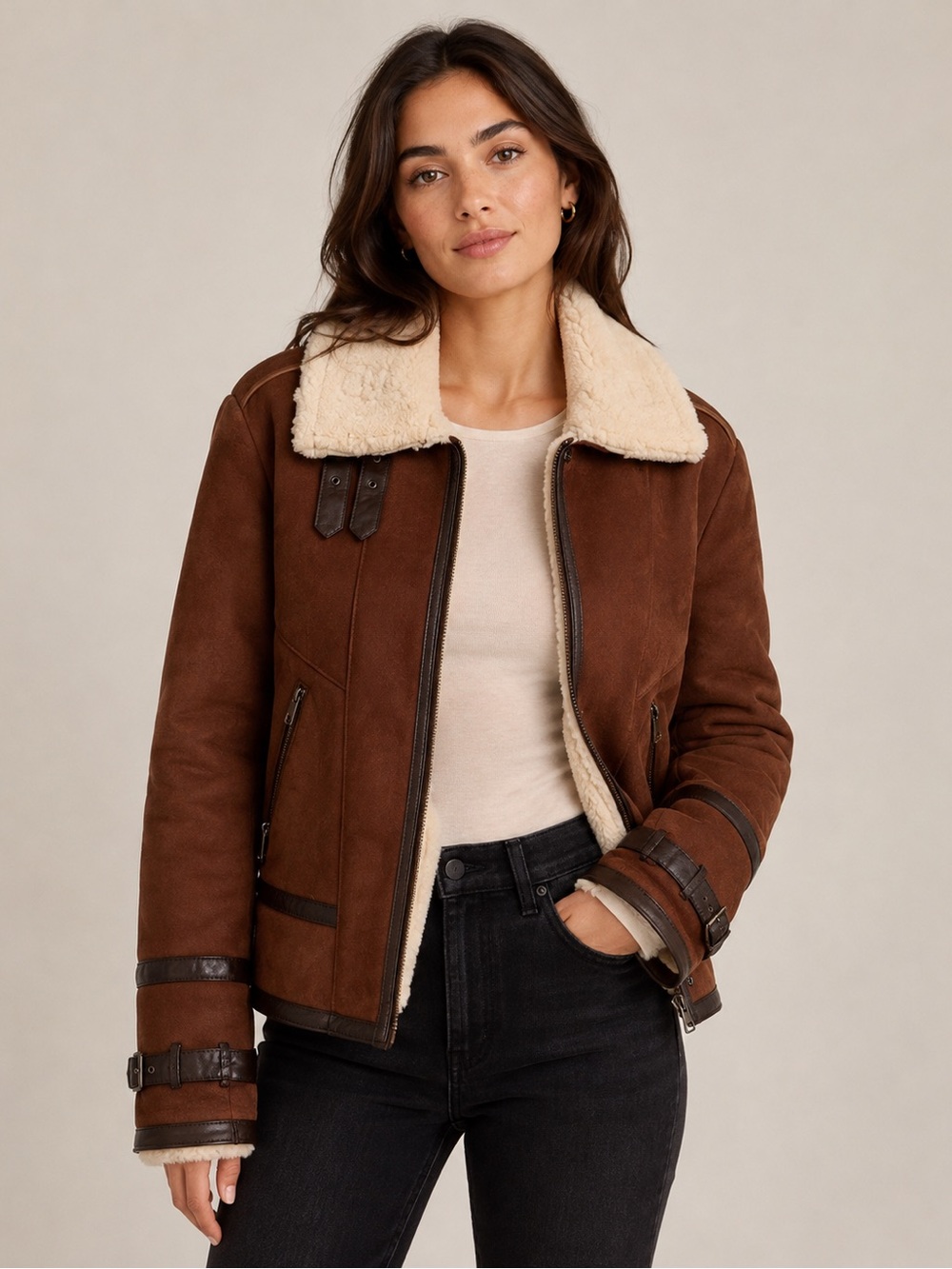 Cole Haan Brown Bomber Jacket with Cream Shearling Collar